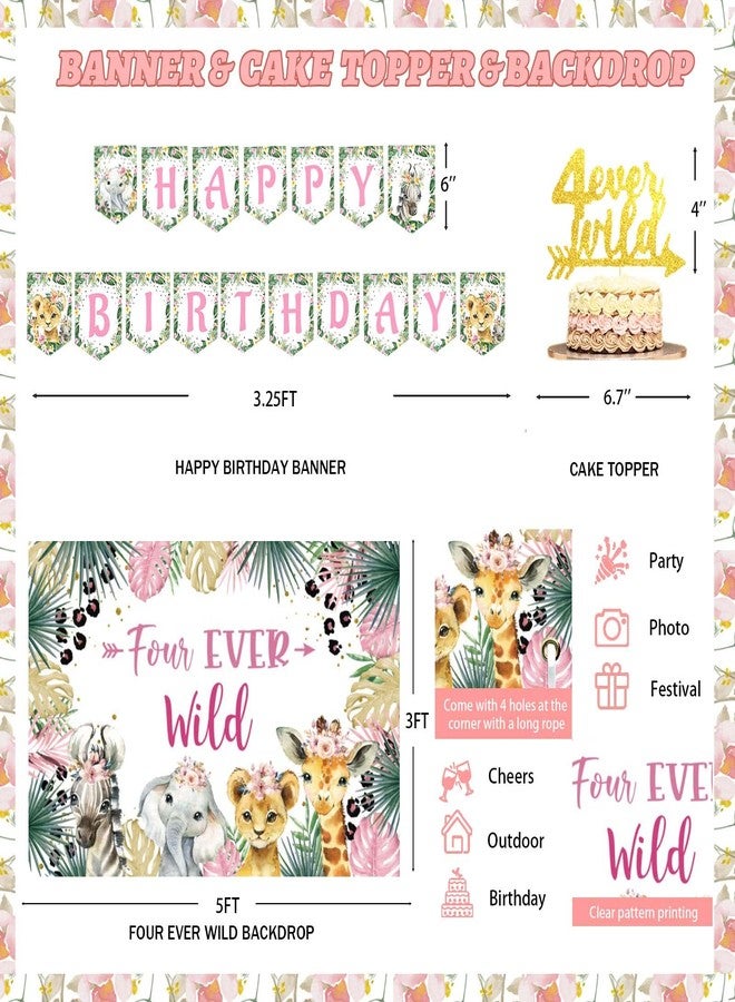 Fiesec Four Ever Wild Birthday Decorations Girl, Jungle Safari Animal Theme 4th Party Decorations Backdrop Balloons Garland Banner Cake Cupcake Topper Poster Crown Lion Cheetah Giraffe Pink 115 PCs - Image 3